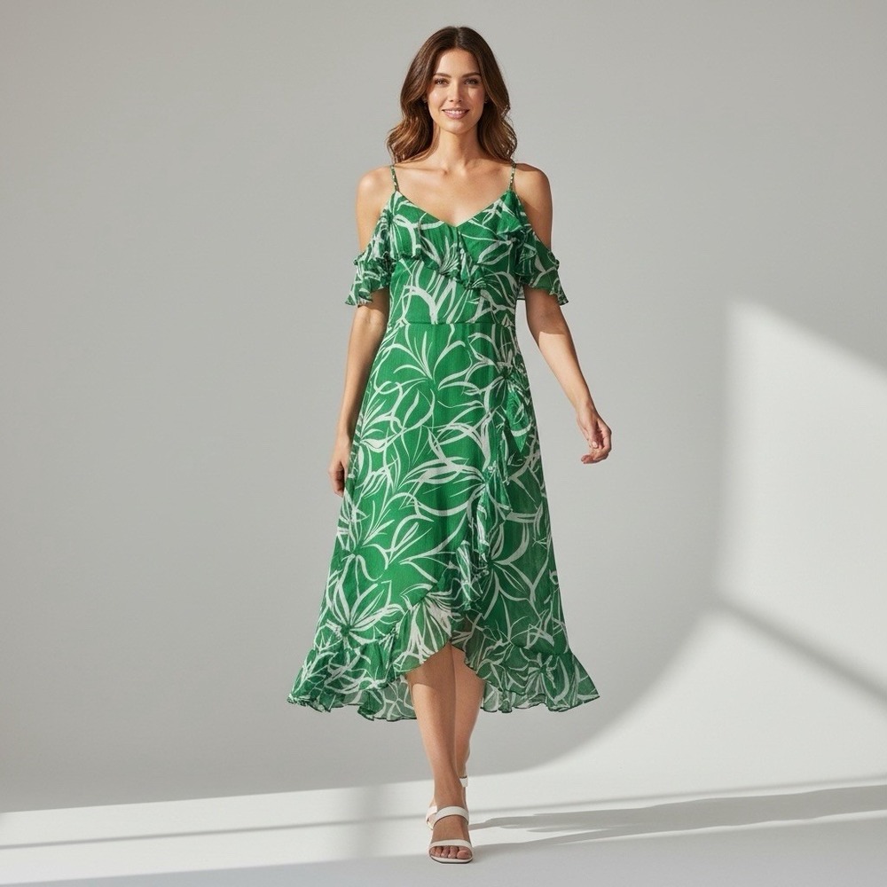 London Times Green White Abstract V-Neck Chiffon Ruffle Midi Slip Dress Size 10P - Picture 1 of 8